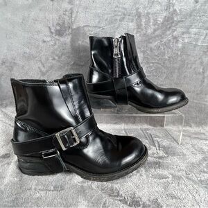 AllSaints Harness Ankle Boots Womens 8 / 38  Black Leather Biker Removable Strap